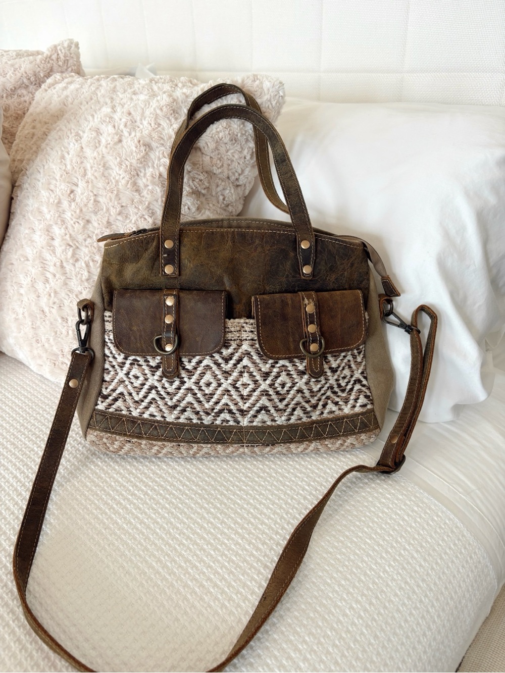 Gorgeous Boho Myra Brown Woven Accent Satchel